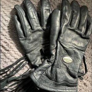 HD Black Leather Fringed Biker Riding Gloves M